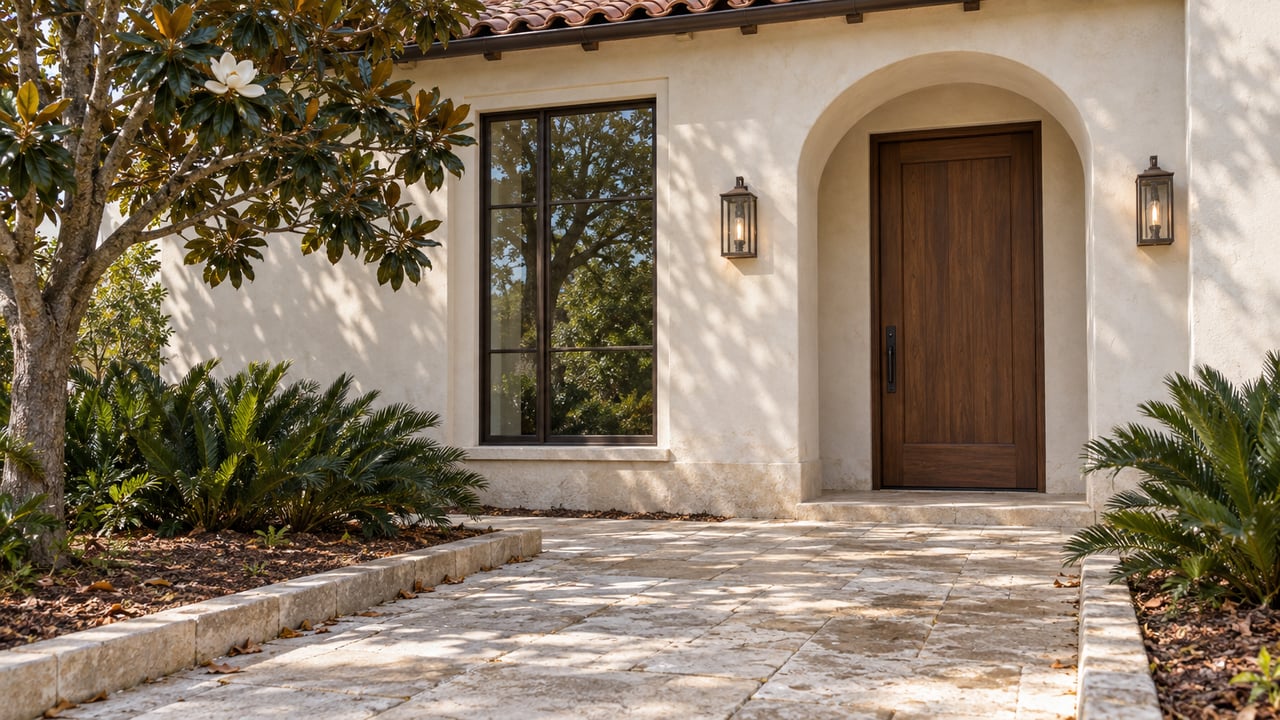 Ivory stucco house entry with an arched walnut door, tall window, limestone path, and magnolia tree.