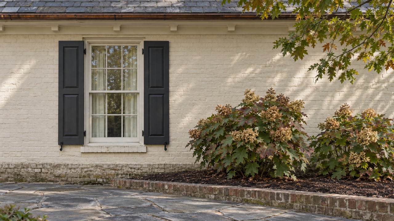White brick house with black shutters, autumn shrubs, and a stone walkway.