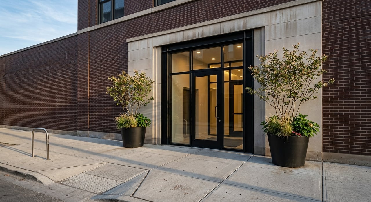 Urban condo entrance with glass doors, black planters, ornamental grasses, and a bike rack beside the sidewalk.