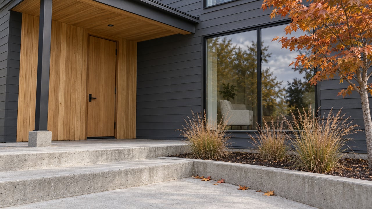 Contemporary covered entry with oak detailing, black-framed glass, concrete steps and copper-colored maple leaves.
