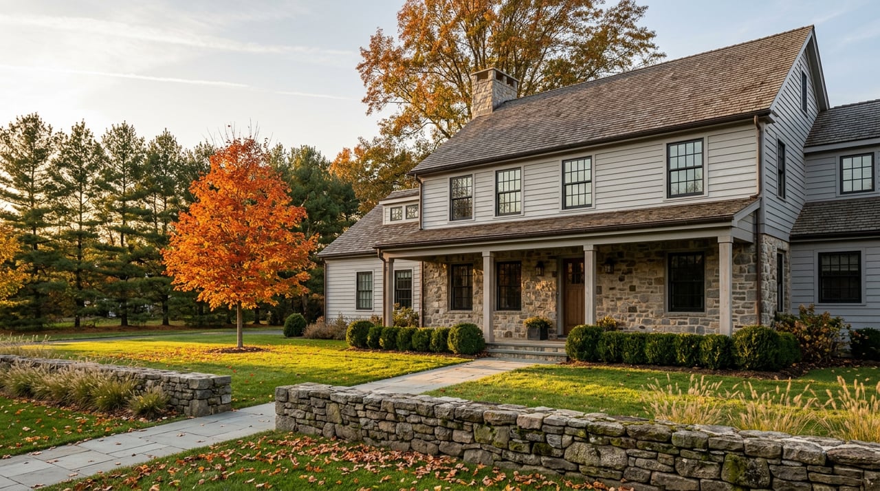 Stone-and-clapboard farmhouse behind a fieldstone wall, with a deep lawn and orange-red sugar maple.