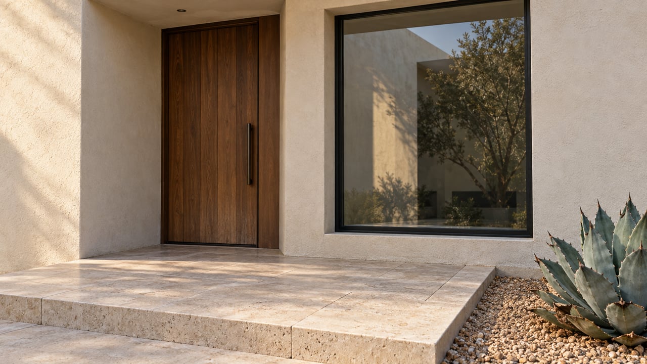 Close view of a recessed walnut front door and black-framed window, with ivory stucco, limestone steps and a blue-gray agave.