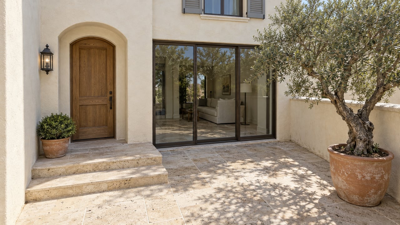 Elevated view of a cream stucco townhouse courtyard with limestone steps, an arched oak entry and a sculptural olive tree in a terracotta urn.