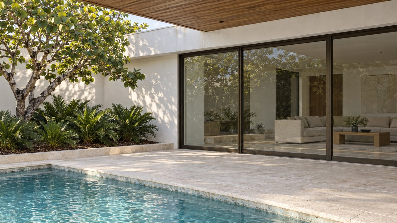 Sunlit white stucco home with a wood-lined terrace, limestone pool deck and a sculptural sea grape tree.