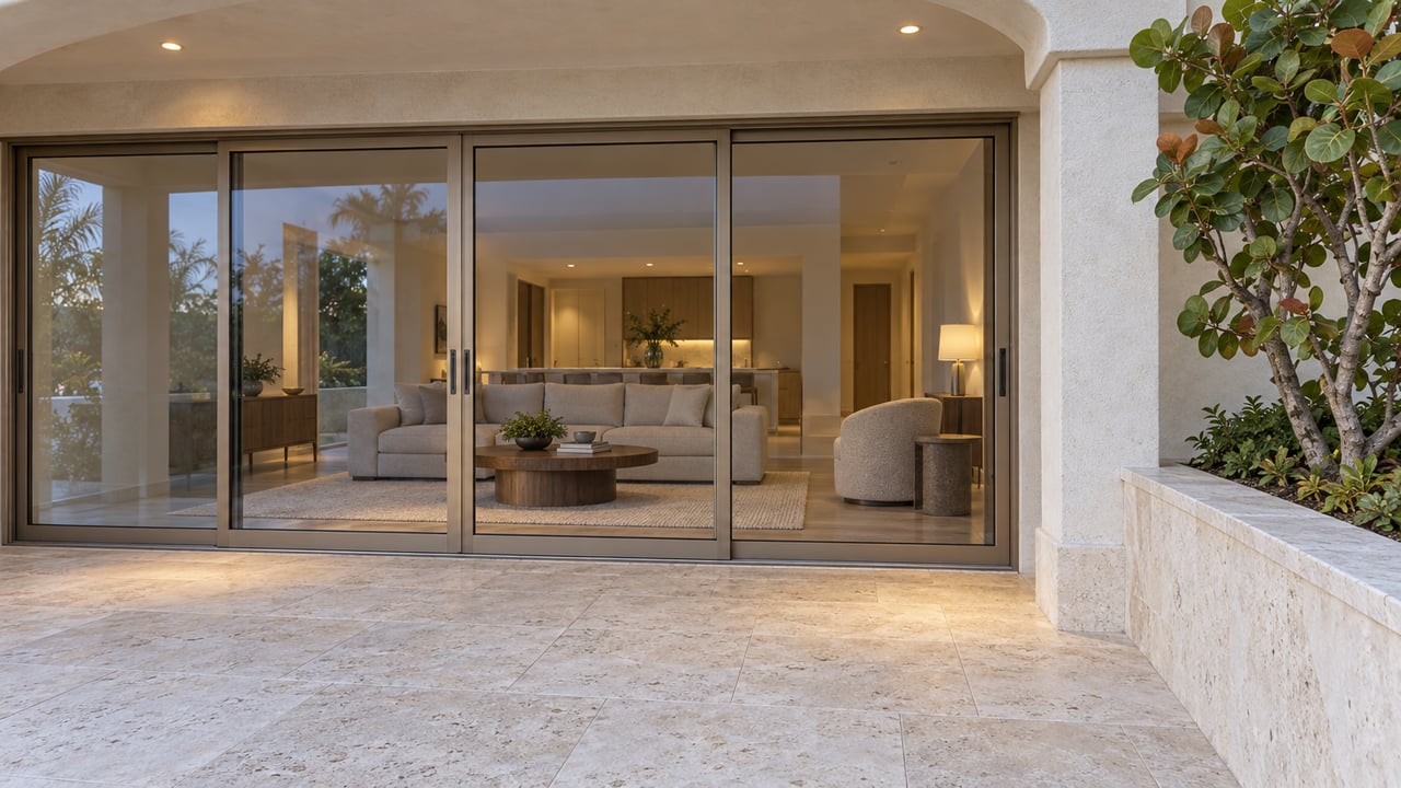 Ivory stucco arch shelters a limestone terrace beside bronze-framed living-room glazing and a sculptural sea grape.