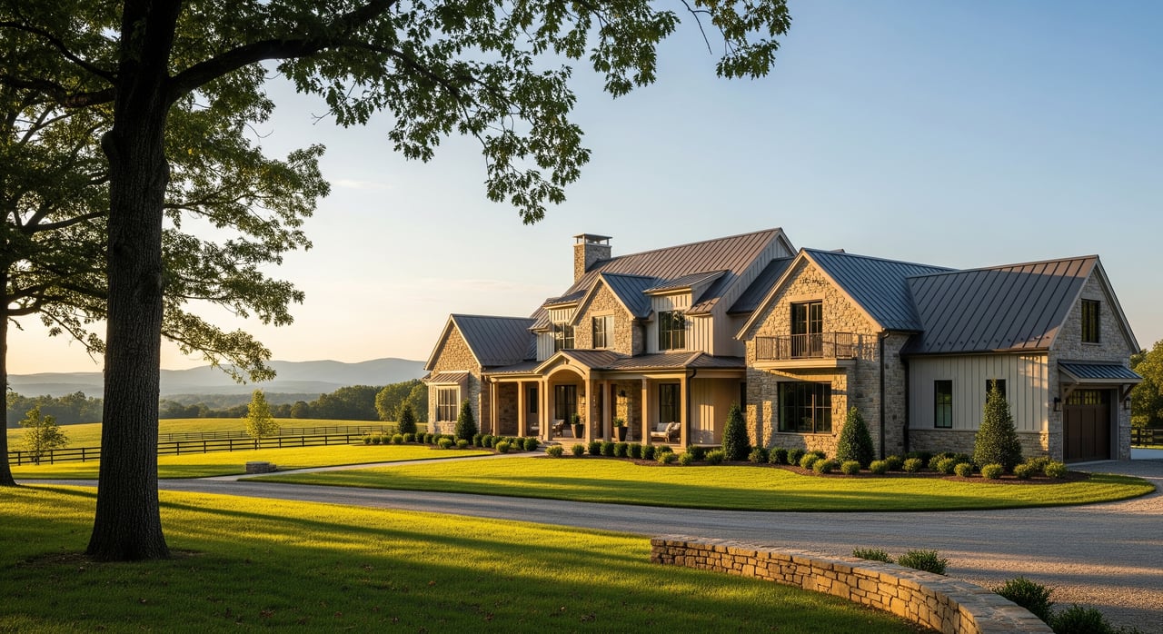 Large stone-and-siding farmhouse with a metal roof, framed by a sprawling tree and green lawn.