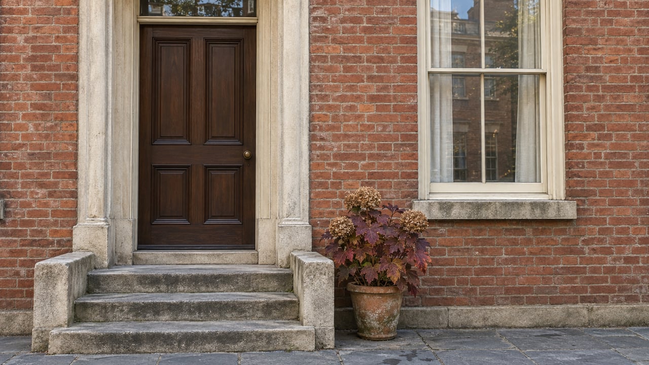 Weathered red-brick home entrance with a chestnut door, limestone steps, ivory sash window and a potted oakleaf hydrangea.