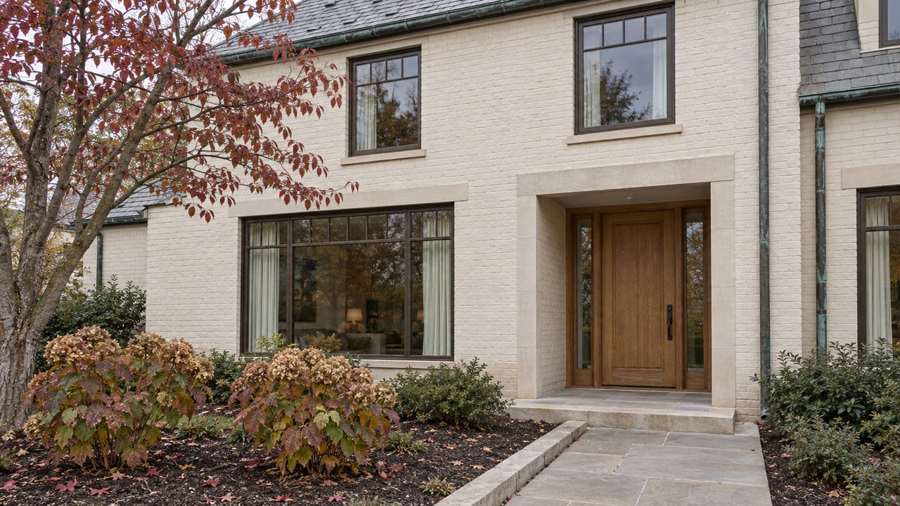 Cream painted-brick attached home with bronze windows, an oak entry door, limestone approach and autumn dogwood planting.