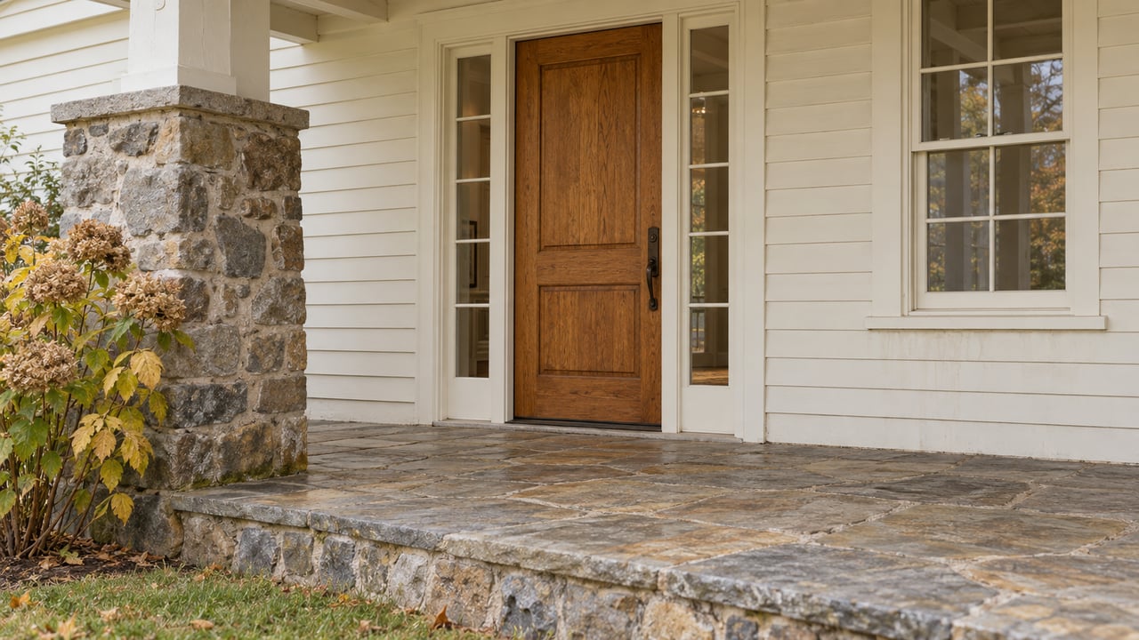 A weathered oak farmhouse door with matching glazed sidelights beside a fieldstone porch pier, above worn flagstone paving and autumn hydrangea.