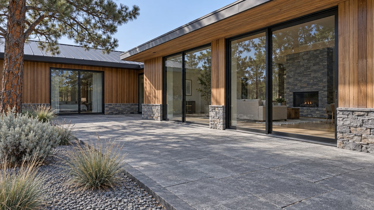 Low-angle view across a basalt terrace toward a cedar-clad home with dark-framed glazing, stone bases and a sculptural ponderosa pine.