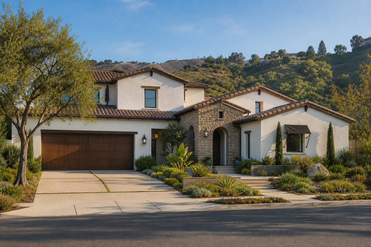 Two-story stucco home with a stone entry, tiled roof, wide wooden garage door, and landscaped front yard.