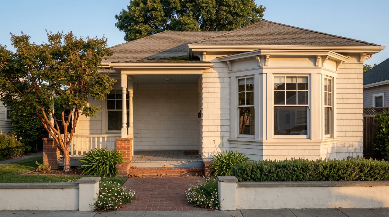 Warm white shingle house with a projecting bay window, covered porch, and brick path beneath a cinnamon-barked maple.