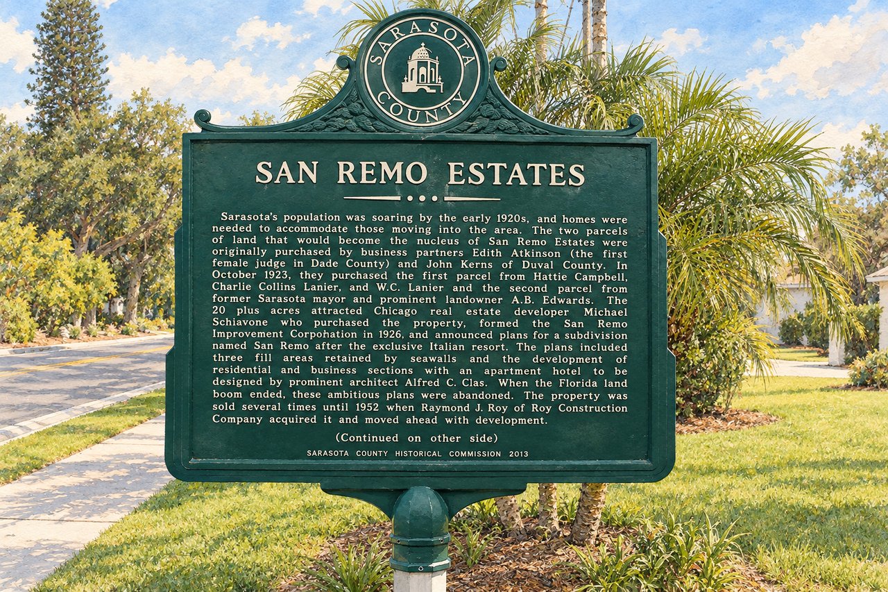 San Remo Estates historical marker with the Sarasota County seal and a detailed history of the development.