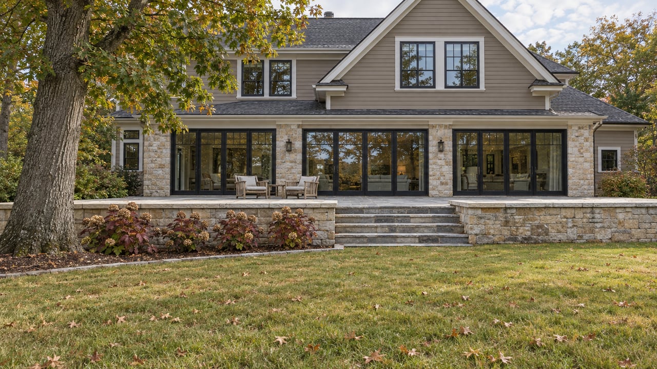 Substantial home with taupe siding, buff stone walls and a raised flagstone terrace overlooking an autumn lawn.