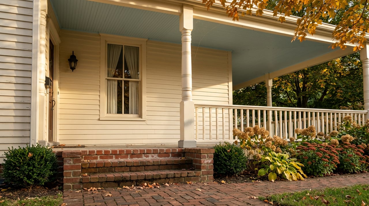 Cream clapboard home’s white porch column and railing beside brick steps, with amber leaves scattered along the walk.