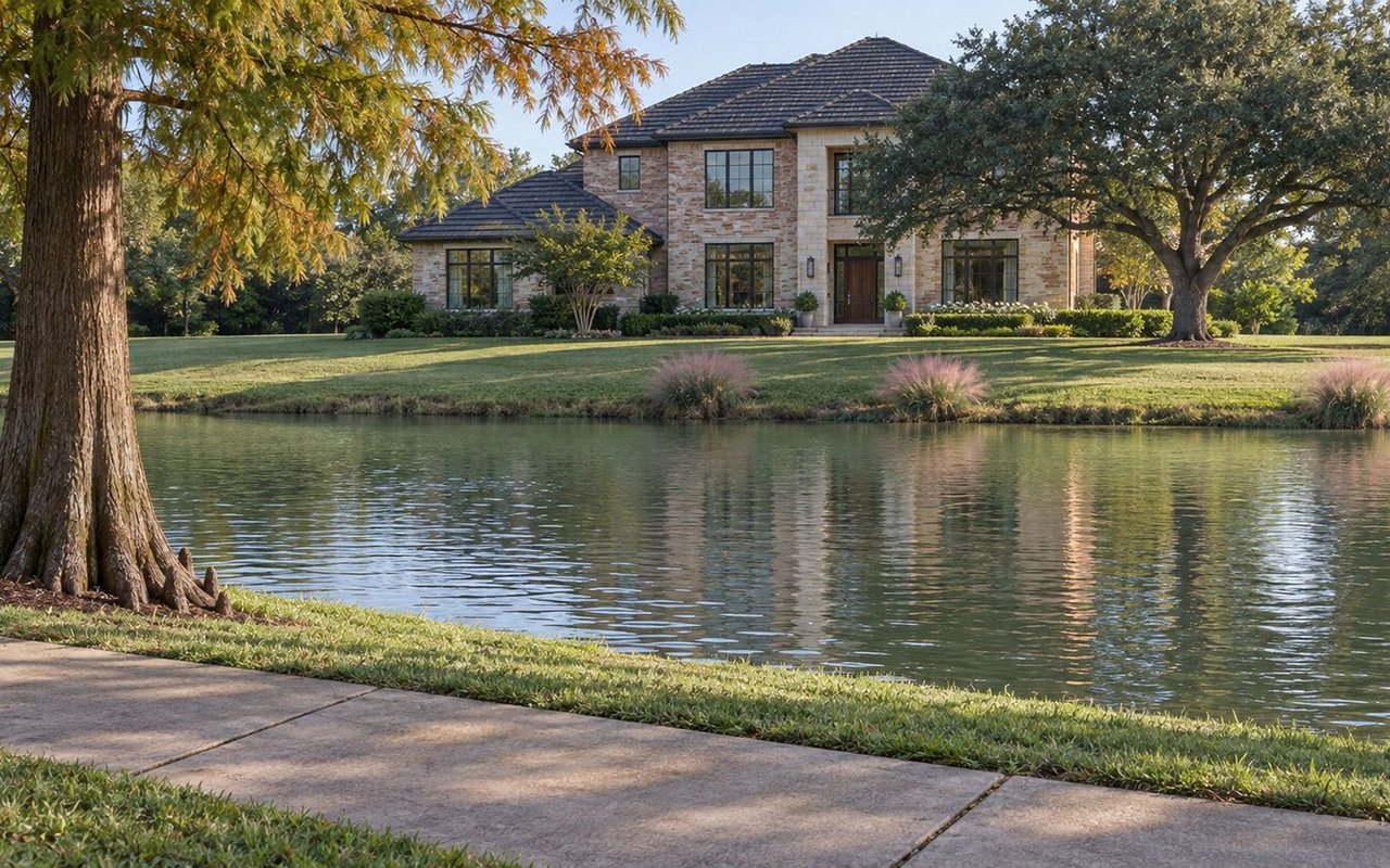 Two-story stone house beside a pond, framed by mature trees and reflected in the water.