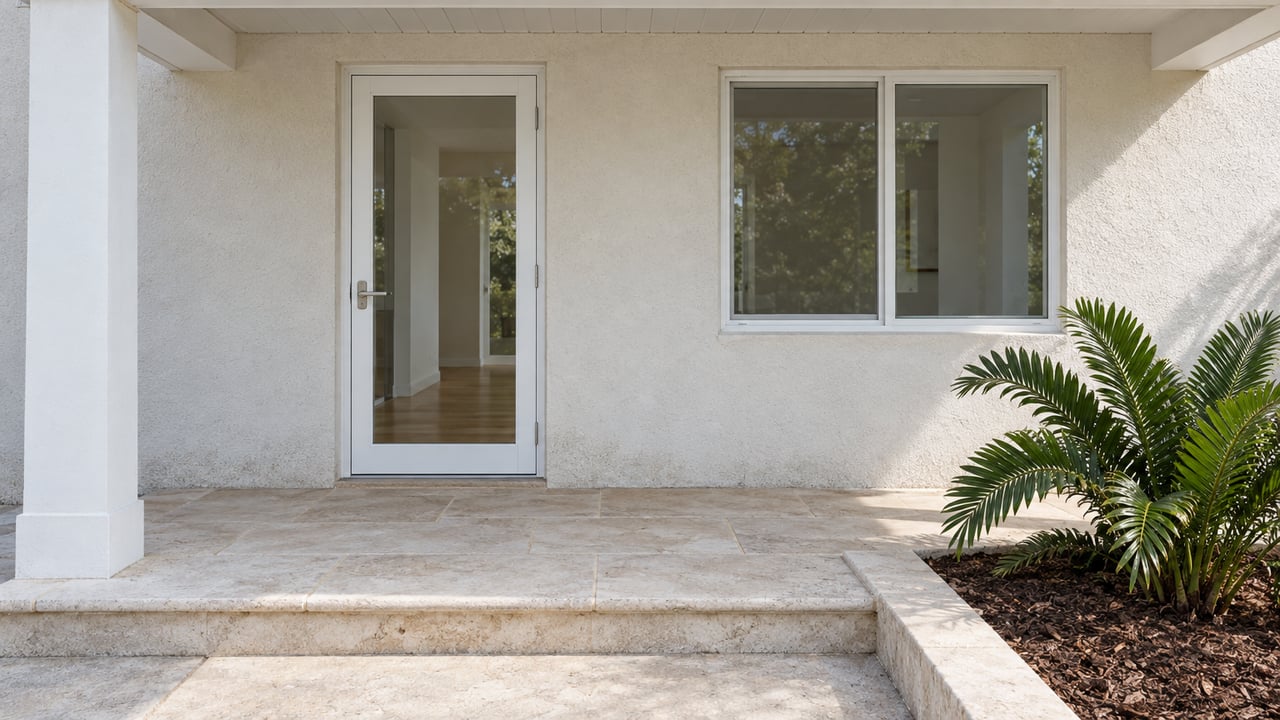 Sunlit stucco home entrance with white-framed glazing, a limestone porch and a coontie plant in a raised planting bed.