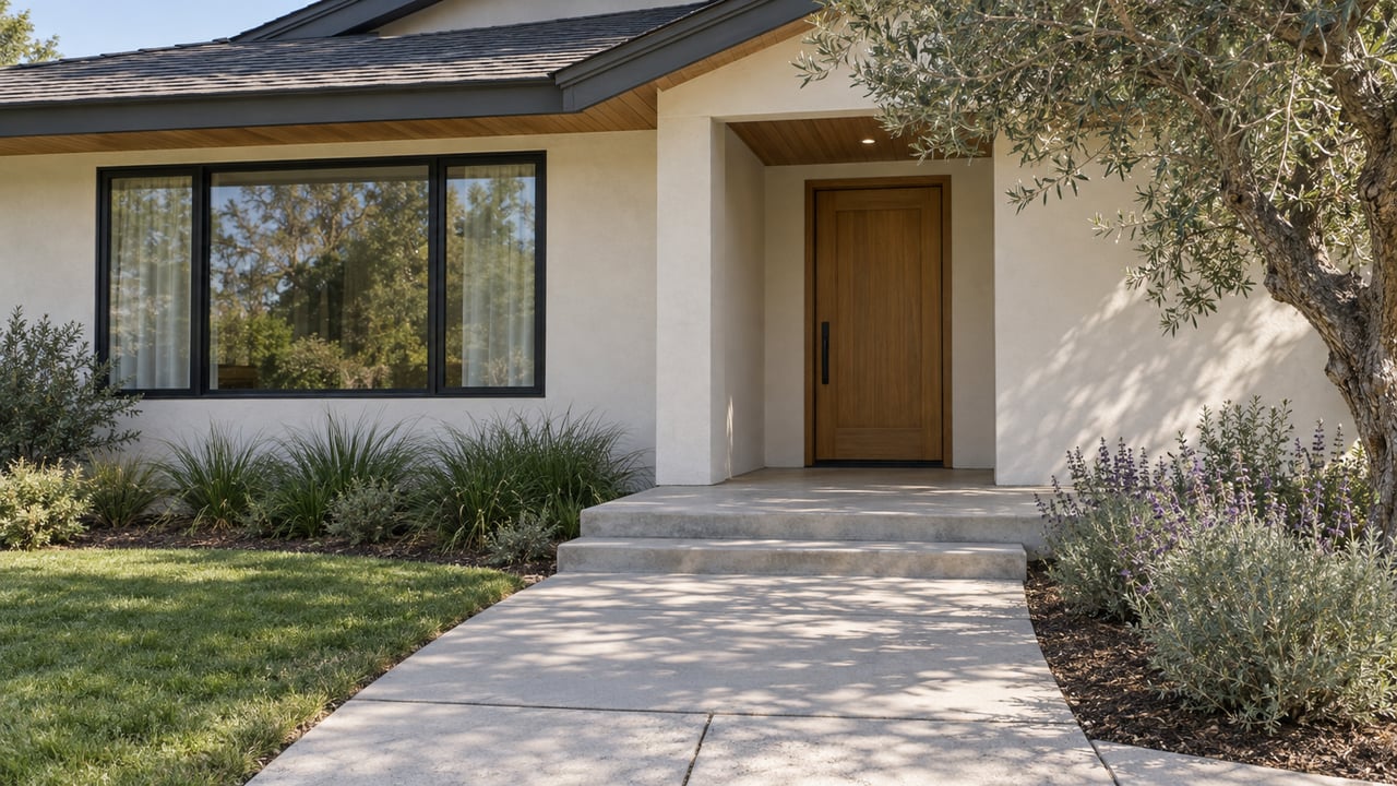 White stucco home with a recessed oak entry, black-framed window, concrete porch steps and a mature olive beside the front approach.