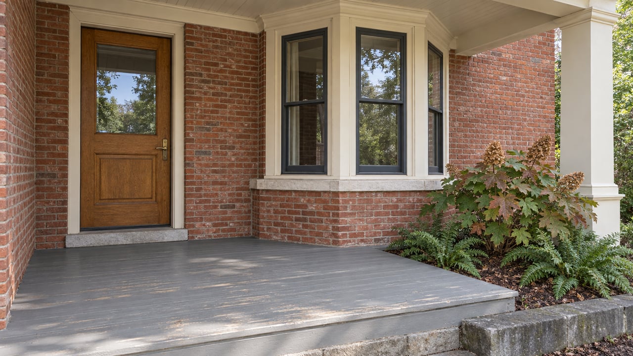 Covered porch of a red-brick home with an oak front door, cream-painted trim, tall bay windows and an oakleaf hydrangea beside a stone-edged planting bed.