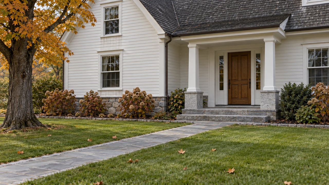 White clapboard home with a dark shingle gable, paired entry posts and a bluestone approach across a deep autumn lawn.