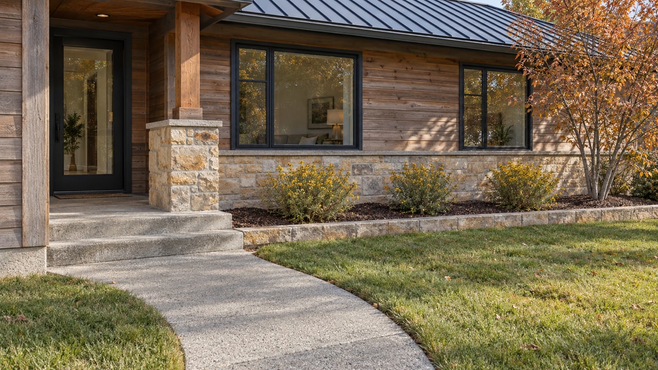 Modern wood-sided home with stone accents, black-framed windows, and a curved front walkway.