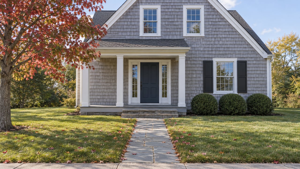 Weathered gray-shingle house with a white-columned porch, blue door, straight stone walk, and early red maple leaves.