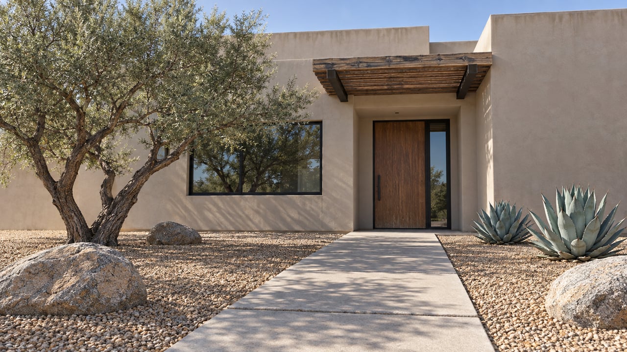 Greige flat-roof home with a recessed timber door, dark-framed window and concrete approach through a gravel garden with an ironwood tree and two agaves.