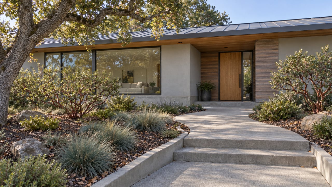Low-roof home with cedar siding, gray stucco and broad windows above a gently rising concrete garden approach, framed by a mature oak and sculptural manzanitas.