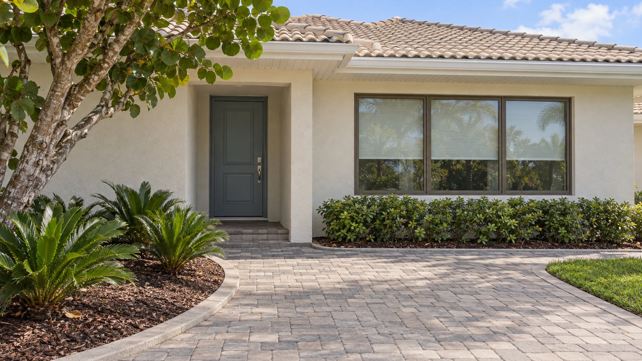Sunlit single-story home with ivory stucco, a pale tiled roof, recessed blue-gray entry door, and sea-grape planting beside a paved approach.