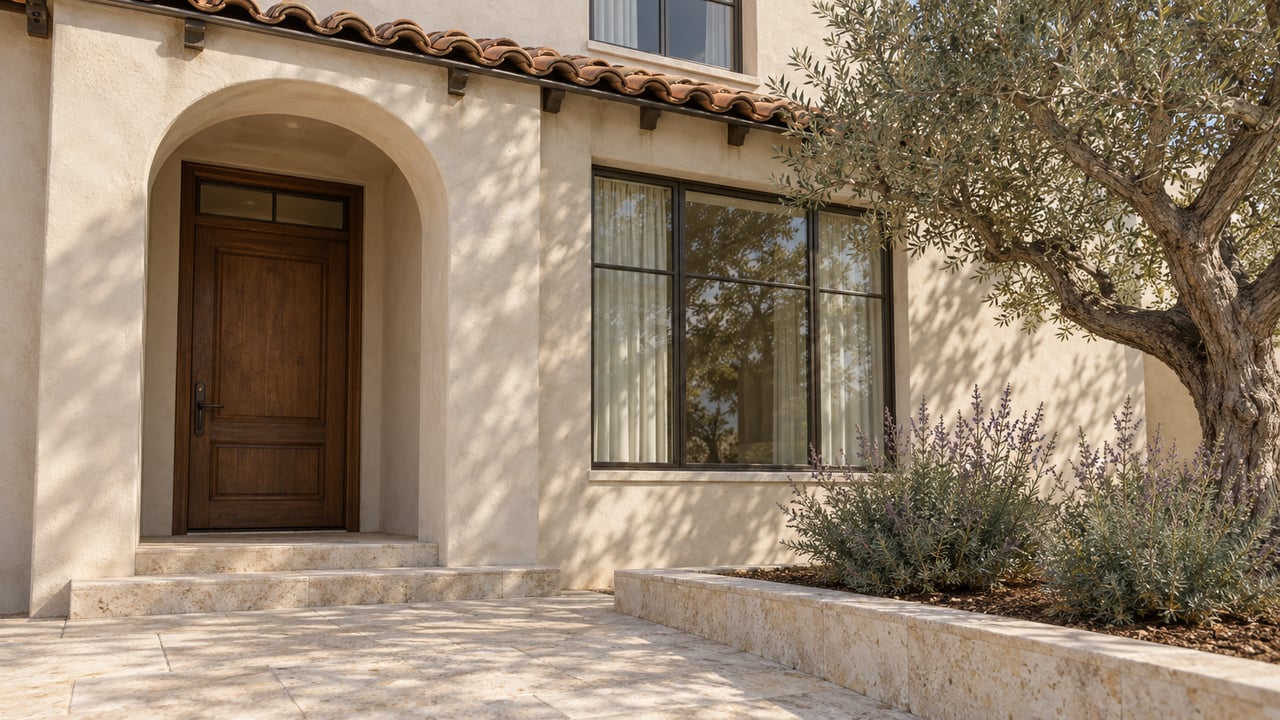 Ivory stucco home with a recessed arched oak entrance, clay-tile eave, limestone steps and an olive tree.