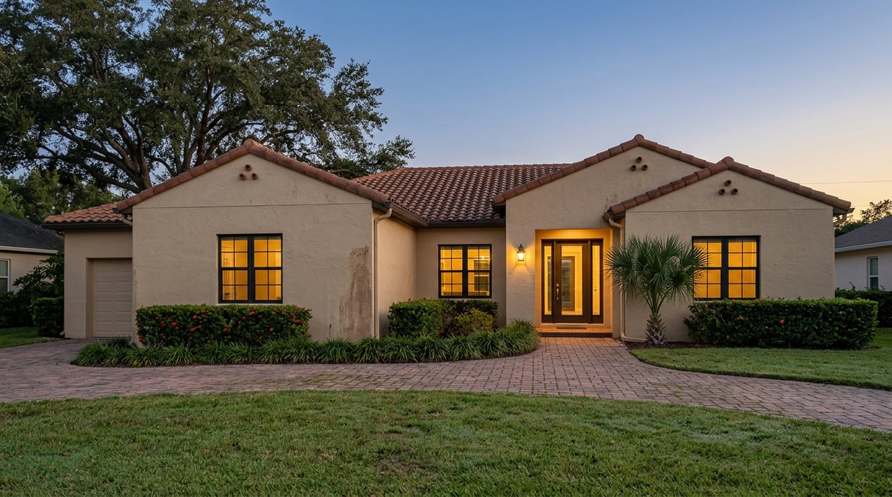 Stucco home with terracotta roof glows warmly at blue hour beyond lawn and paver driveway.