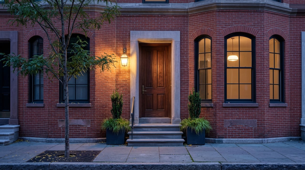 Brick facade with a recessed walnut door, arched steel windows, and a glowing brass lantern at dusk.