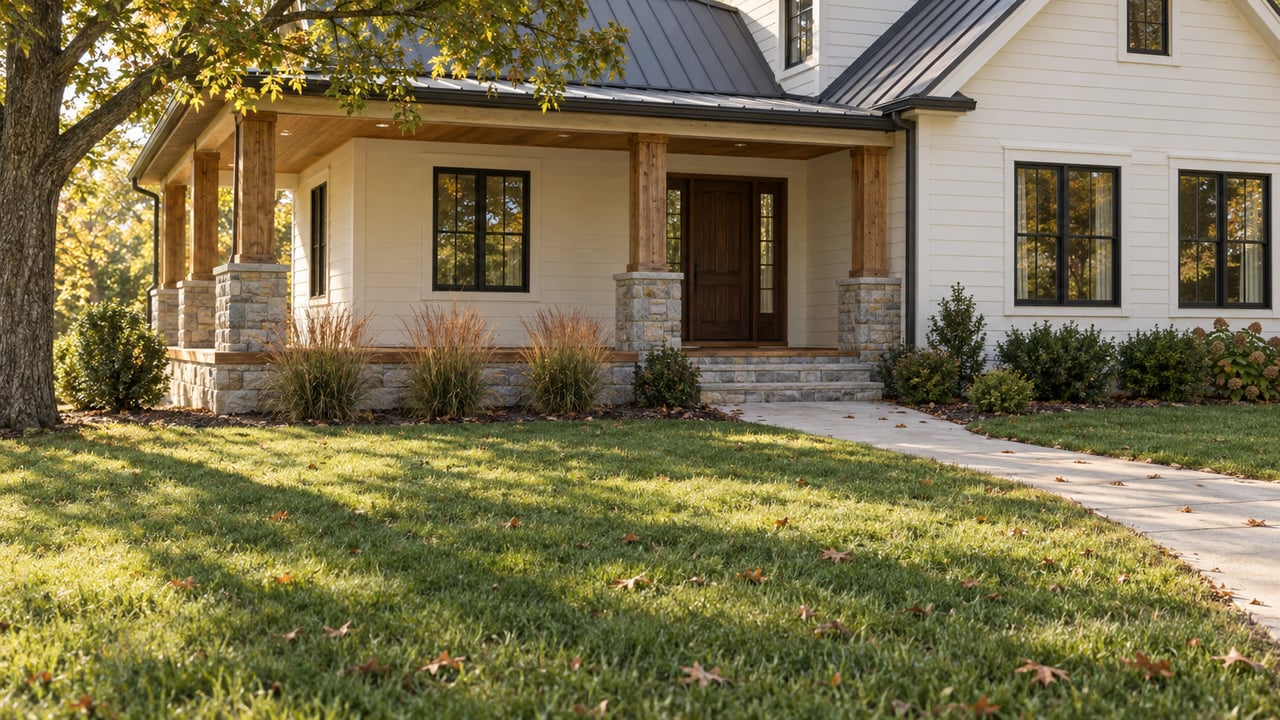 Off-white home with a timber porch and limestone pier beyond a broad lawn and curving concrete walk.