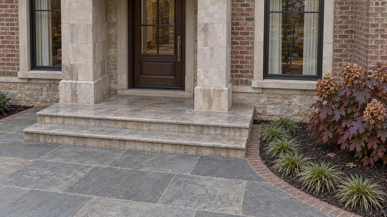 Elevated view of a brick-and-limestone home's dark oak entrance, tall windows, broad stone steps, and bluestone approach beside autumn oakleaf hydrangea.