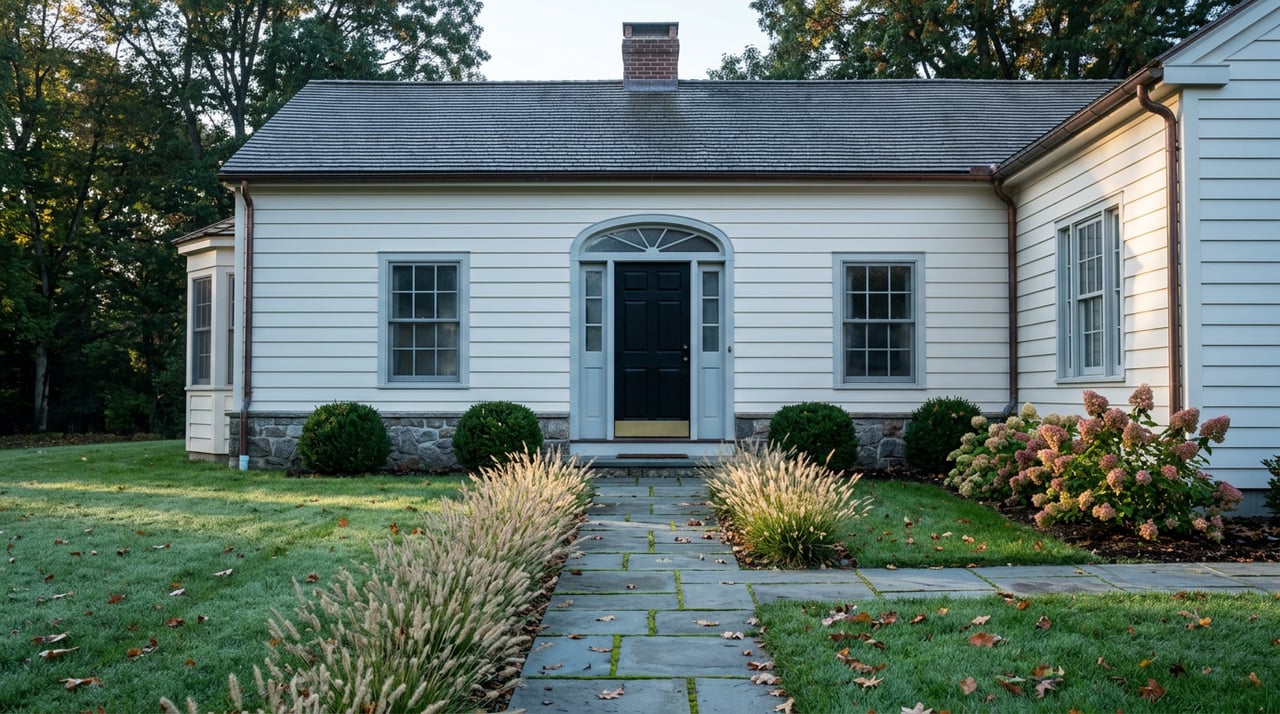 Off-white clapboard house with a black entry door, arched transom, bluestone walk, and clipped hedges.