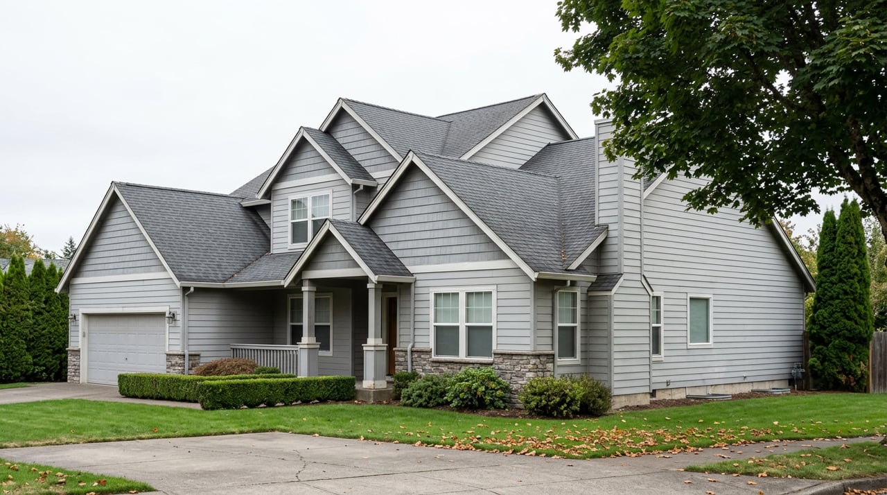 Two-story dove-gray home with gabled roof, stone accents, covered porch, and mature maple beside a deep lawn.