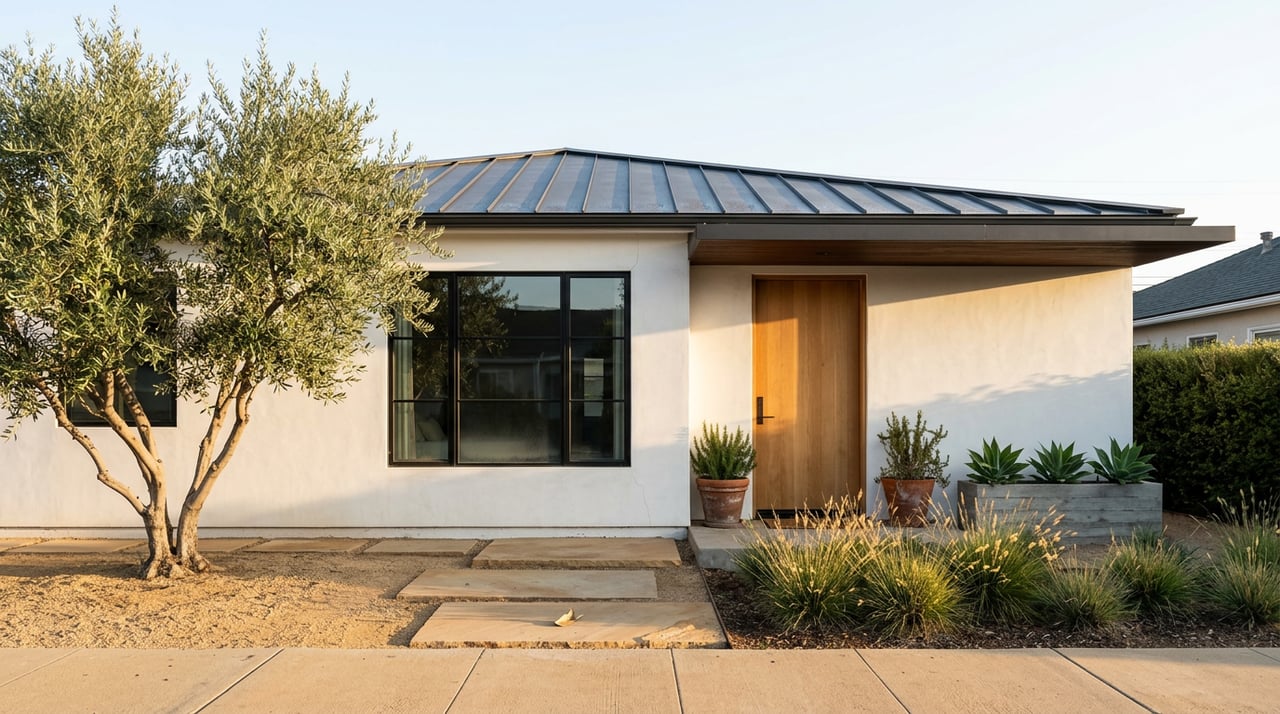 Renovated coastal bungalow with white plaster walls, oak door, olive tree, and agaves beside a sandstone path.