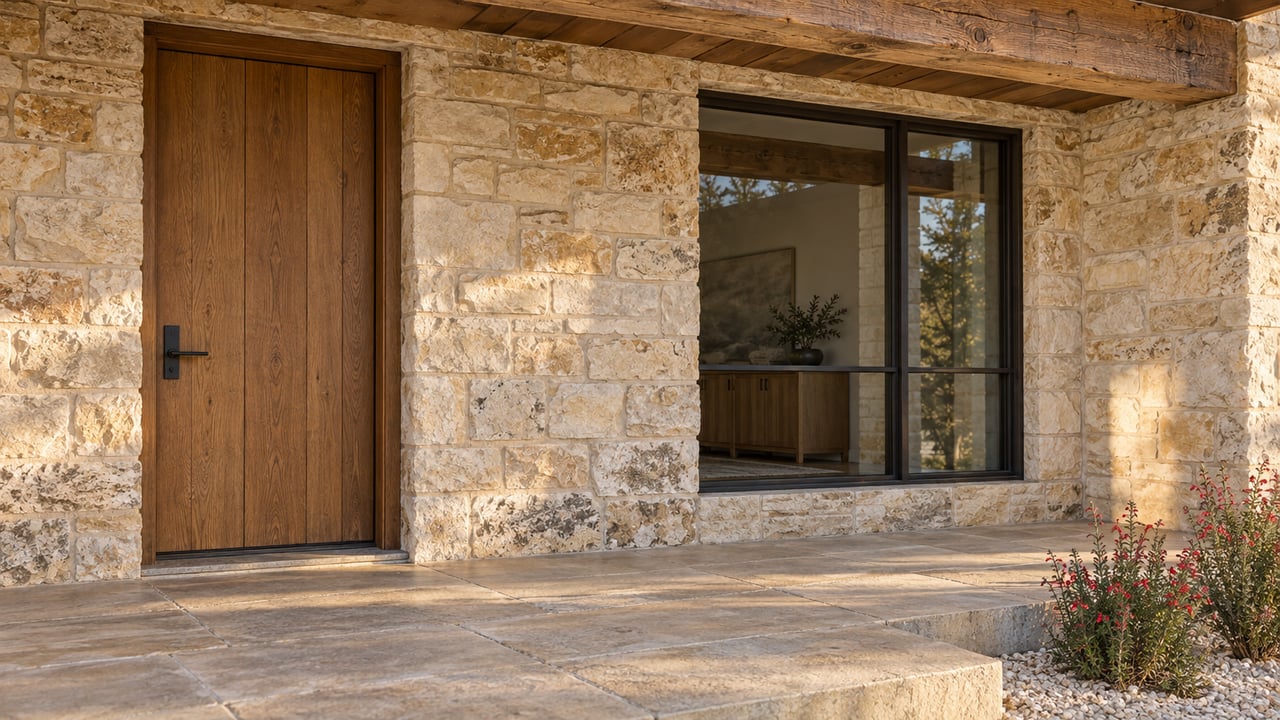 Sunlight grazes a limestone porch with a solid oak entry door, dark-framed window and red-flowering autumn sage beside a stone step.