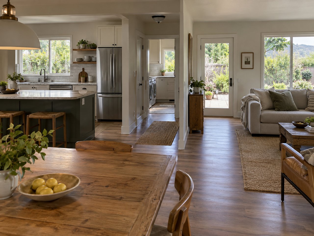 A connected household route links the kitchen, dining area, laundry zone, and rear outdoor access without forcing everyday movement through the main seating area.