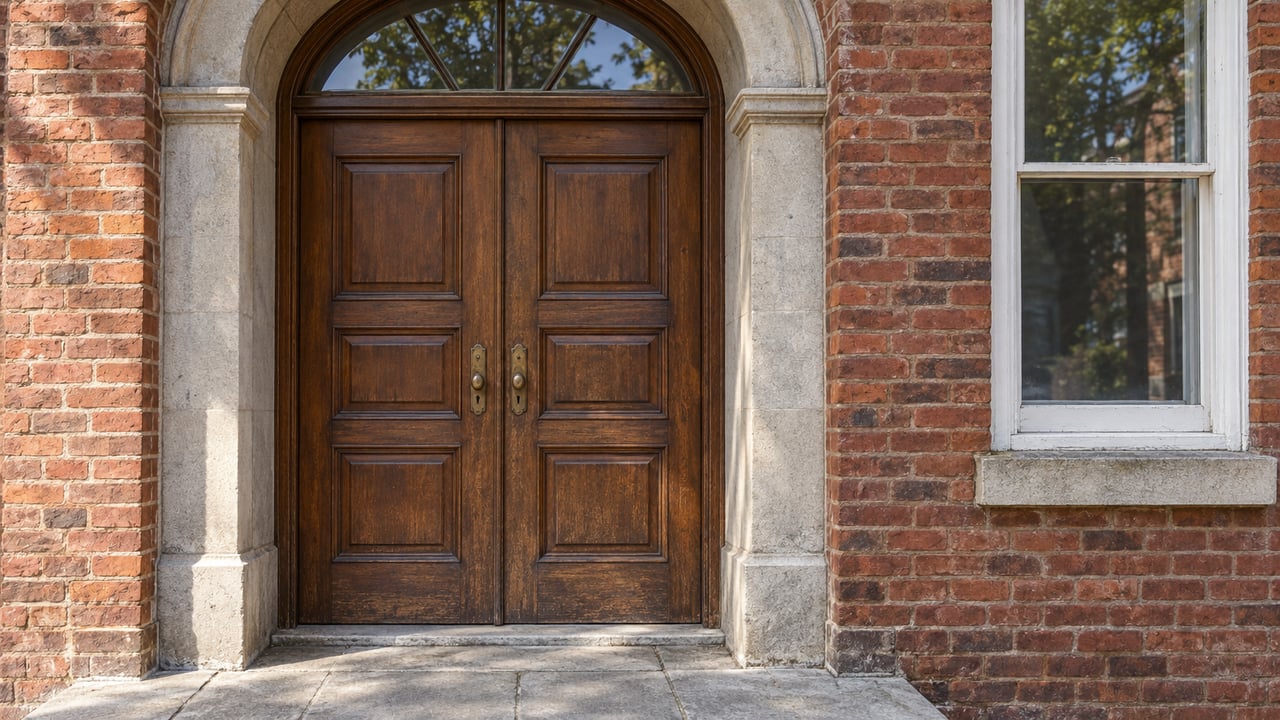 Sunlit red-brown brick residential entry with a limestone arch, paired wooden doors and a worn stone landing.