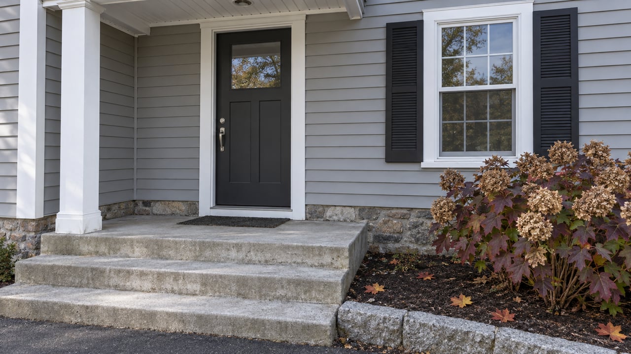 Gray clapboard house entry with white trim, concrete steps, paired black window shutters and autumn oakleaf hydrangea.