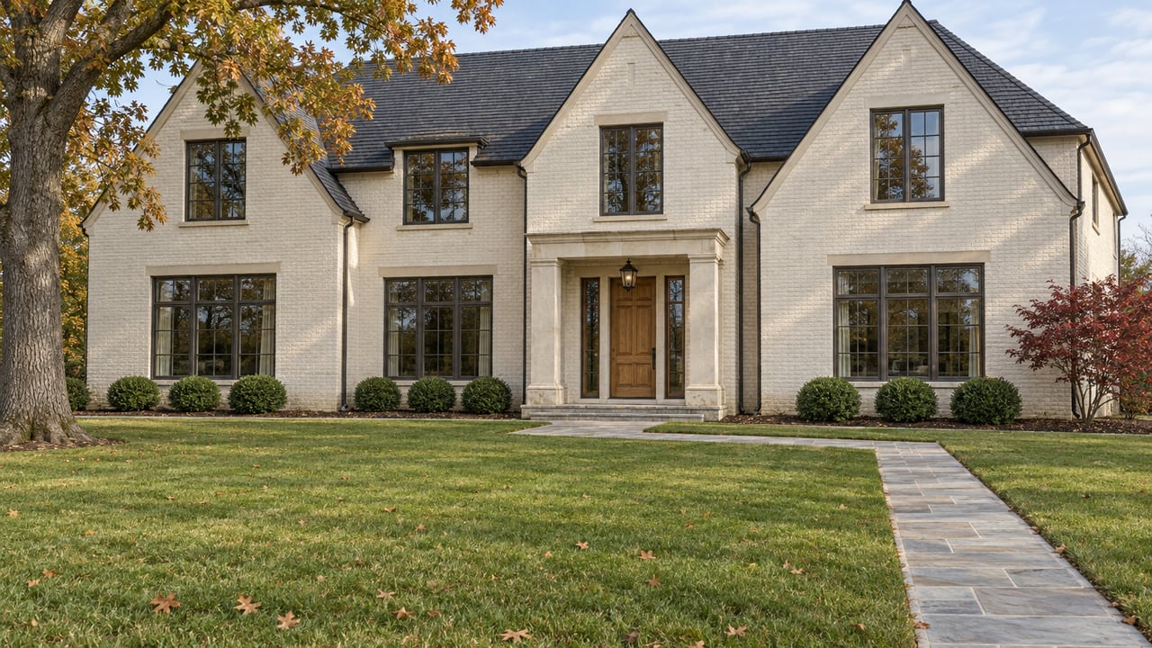 Ivory brick home with steep charcoal gables, dark-framed windows and a limestone entry beyond a broad autumn lawn and bluestone walk.
