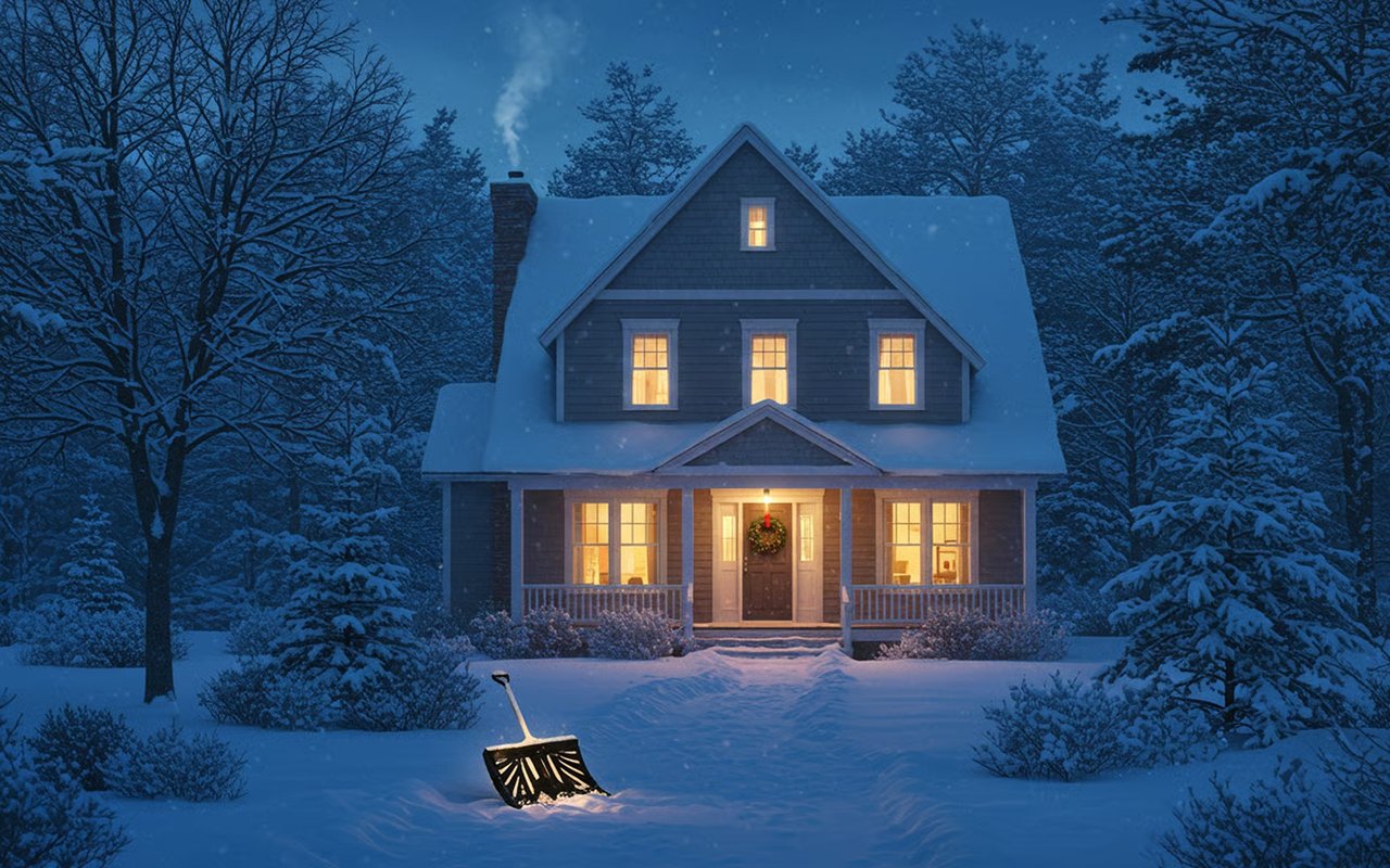 Snow-covered two-story house with glowing windows, a front porch, and a shovel in the foreground.