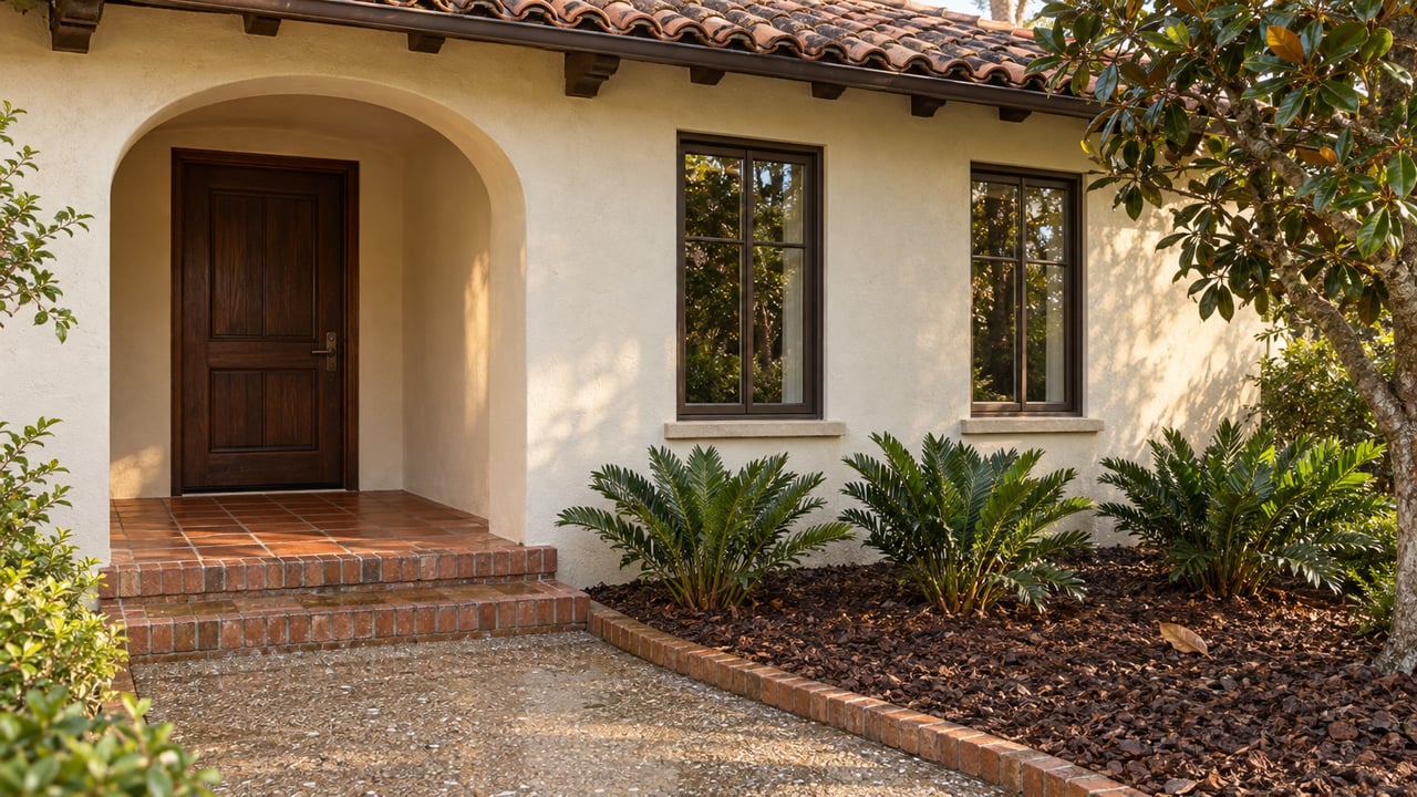 An ivory stucco home with a clay-tile roof, recessed arched porch, brick steps and shell-aggregate garden walk beside a magnolia and three coonties.