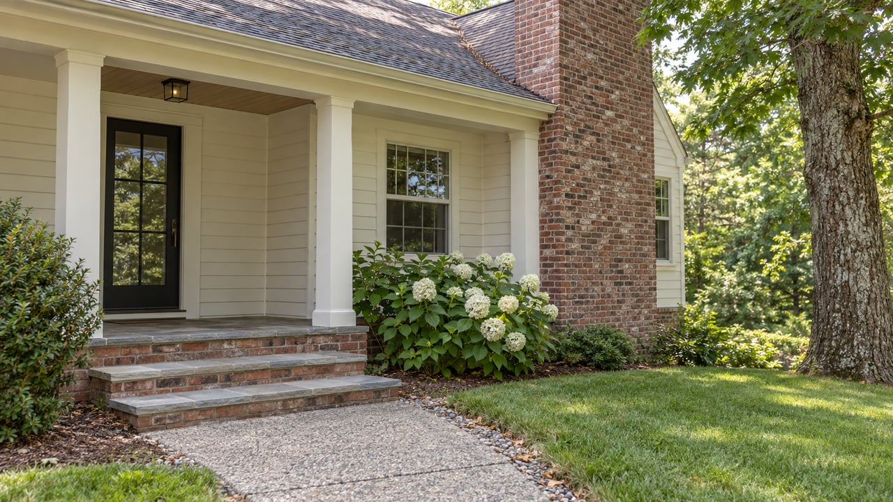 Detached house with off-white siding, brick chimney, covered porch, stone steps, and a gravel-set concrete walkway.
