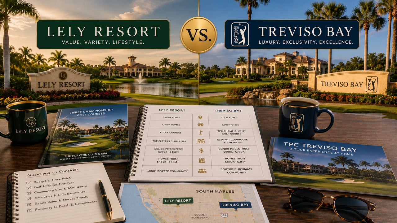 Side-by-side comparison of Lely Resort and Treviso Bay in South Naples featuring luxury golf communities, clubhouses, waterfront amenities, and championship golf courses, illustrating differences in lifestyle, pricing, amenities, and real estate options for buyers considering Naples, Florida.