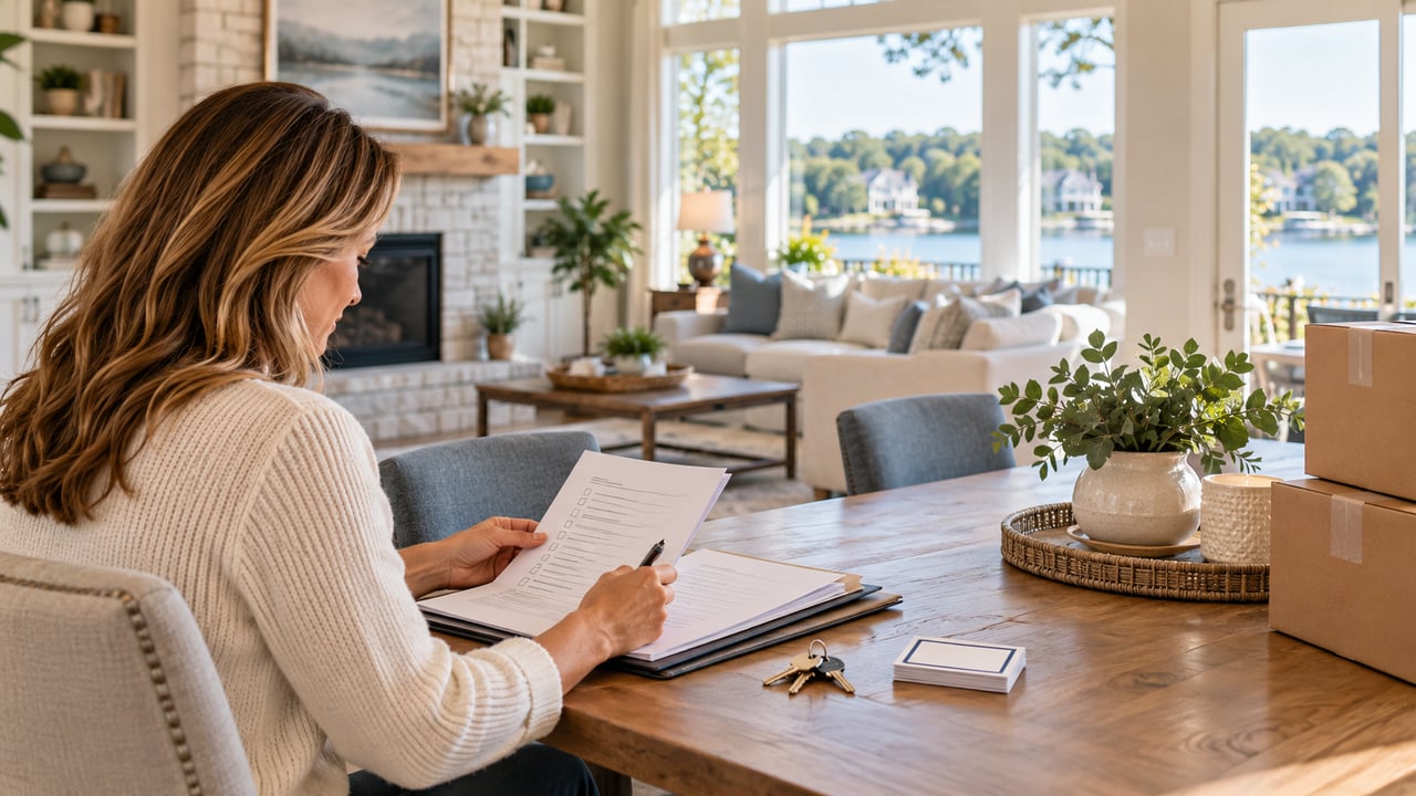 Woman checks a list at a table in a lake-view home with moving boxes nearby