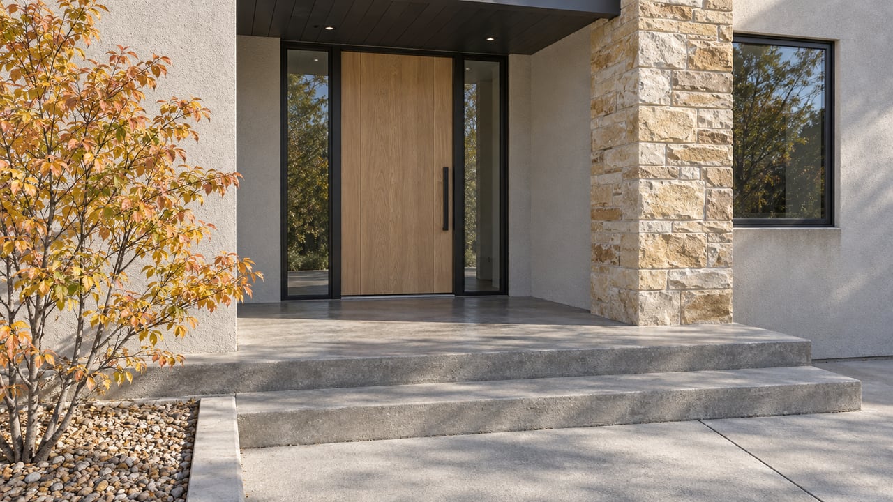 Sunlit sandstone and pale stucco surround a recessed oak entrance above broad concrete steps, with copper-yellow serviceberry beside the approach.