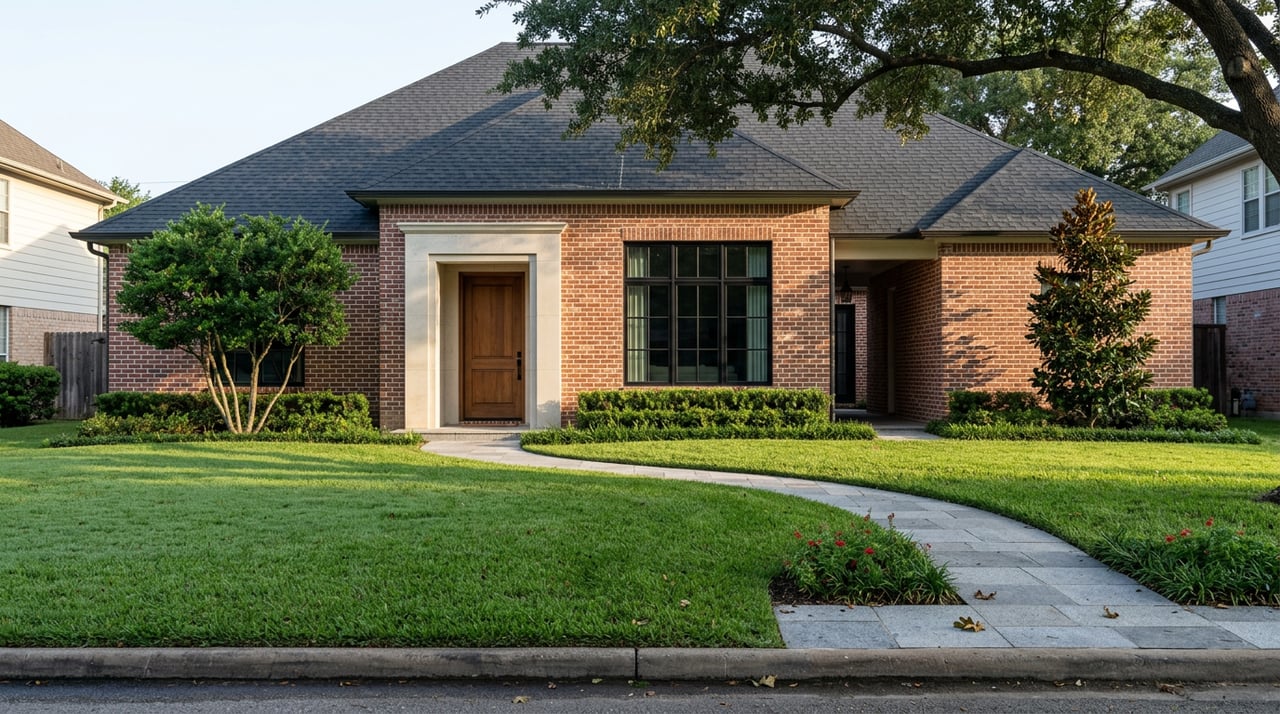 Red-brick home with a limestone entry, granite walkway curving across a broad lawn beneath a spreading live oak.