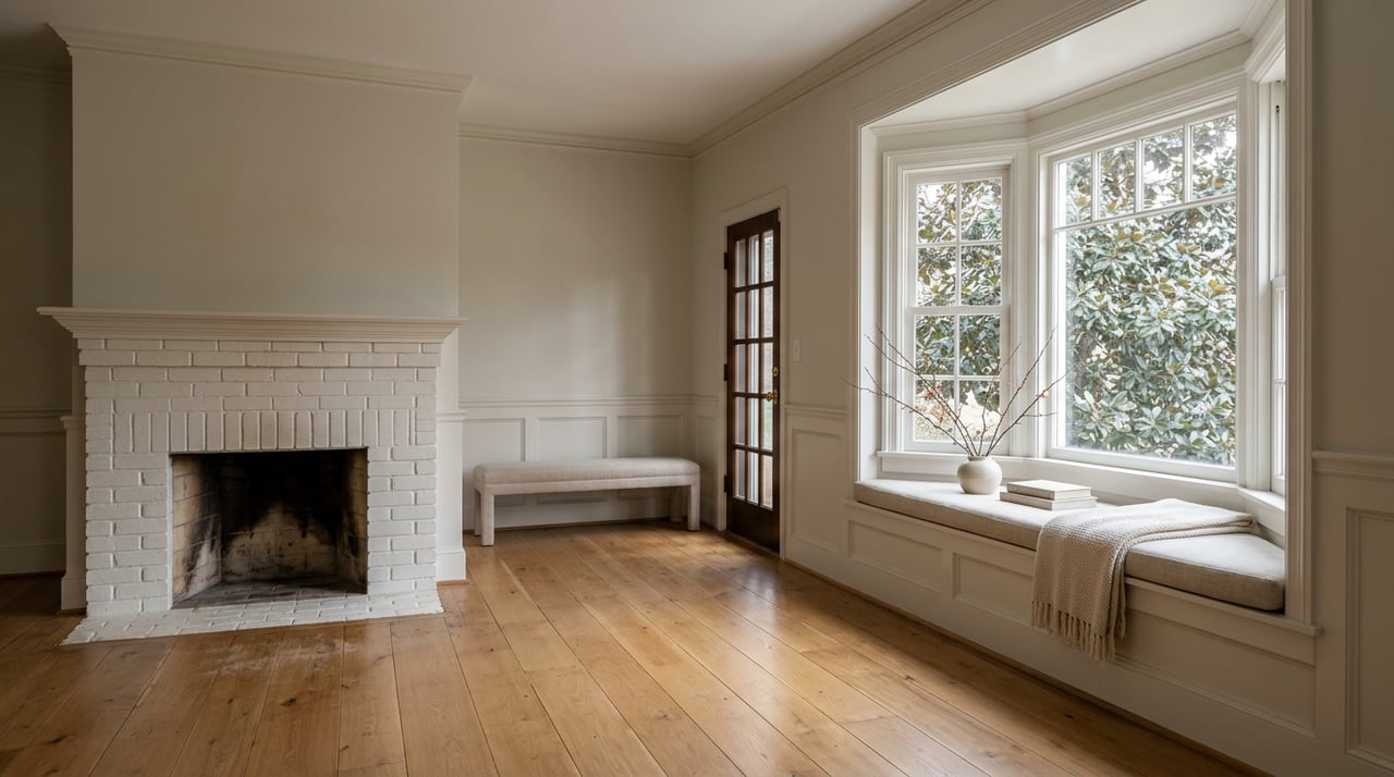 Living room with a white brick fireplace and a bay-window bench holding books, a throw, and quince branches.
